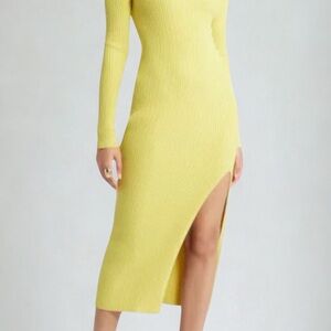 OPEN EDIT Yellow Ribbed Knit Long Sleeve Midi Dress with Side Slit